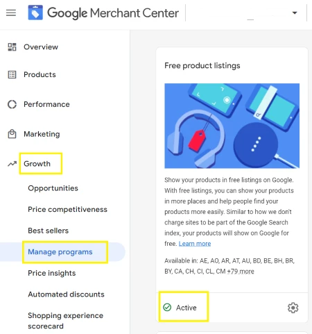 Screenshot showig how to activate free product listings in Google Merchant Center