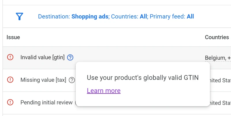 Google Merchant Centre - Feed item issues