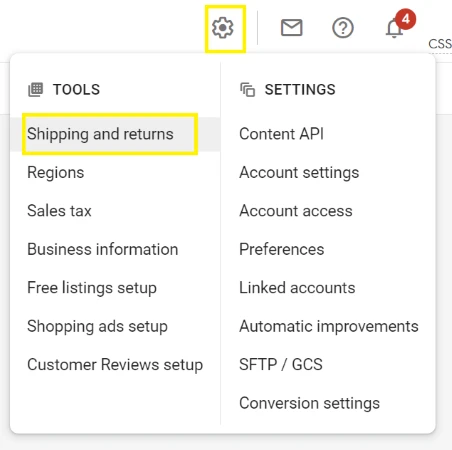 How to find shipping and returns policy settings in merchant center
